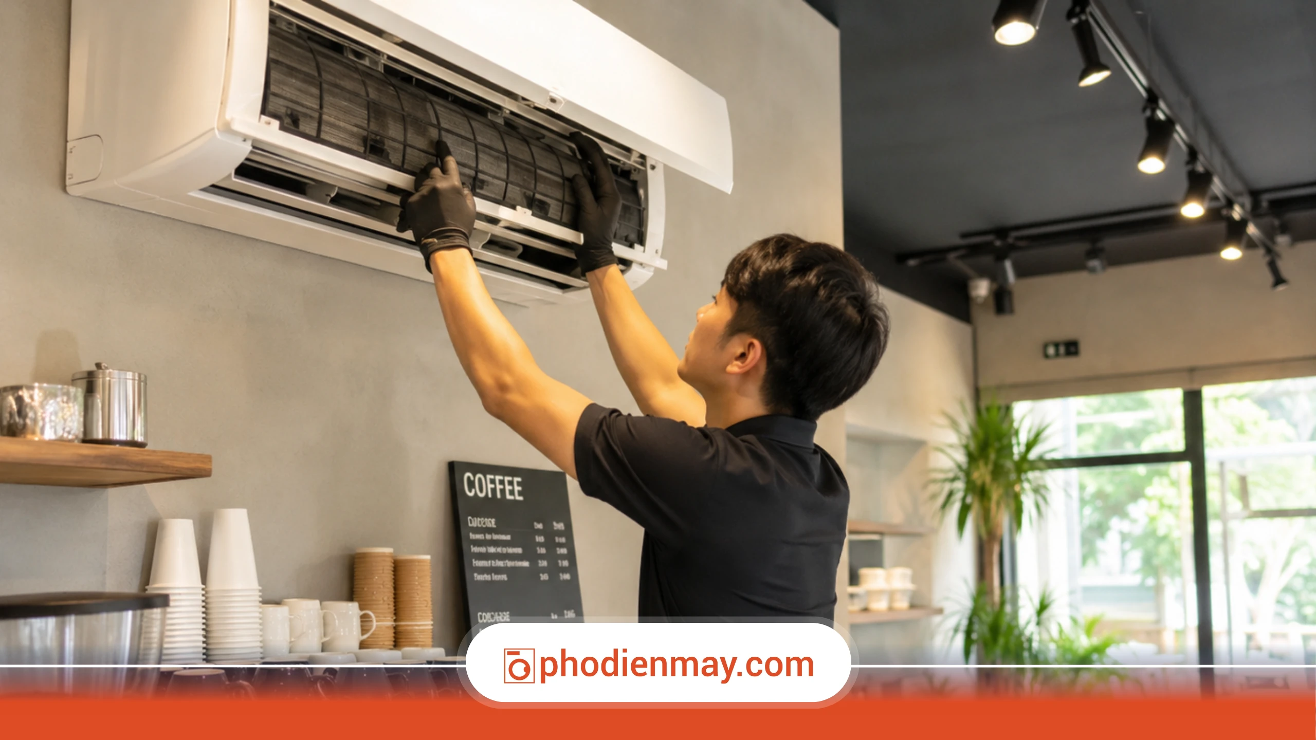 dùng điều hòa tiết kiệm, điều hòa quán cà phê, tiết kiệm điện điều hòa, Phố Điện Máy
