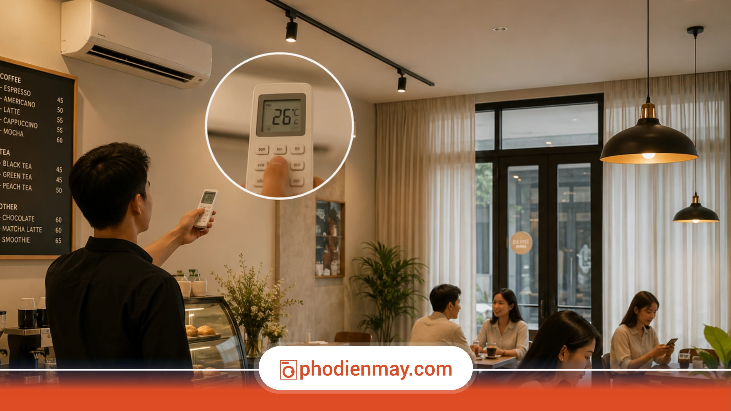 dùng điều hòa tiết kiệm, điều hòa quán cà phê, tiết kiệm điện điều hòa, Phố Điện Máy
