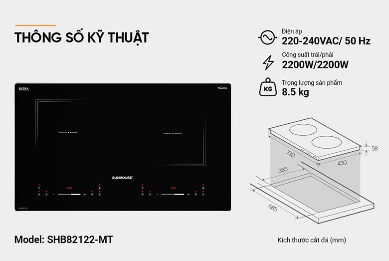kích thước Bếp từ đôi Sunhouse SHB82122-MT