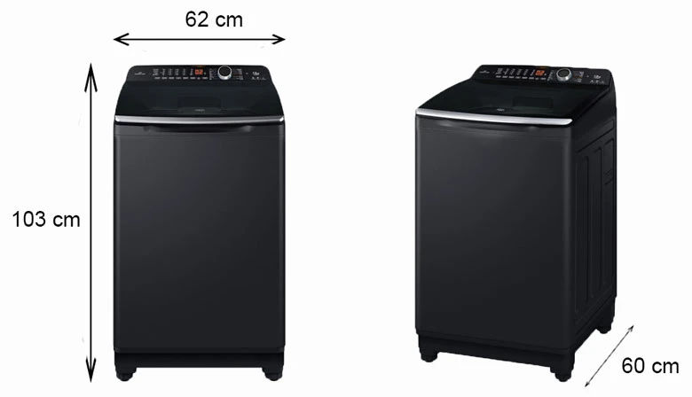 Máy giặt Aqua AQW-DR120HT.BK lồng đứng Inverter 12kg - Kích thước thực tế