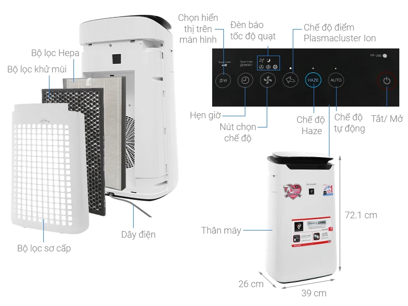 Máy lọc không khí Sharp FP-J60E-W nhắc đến kích thước