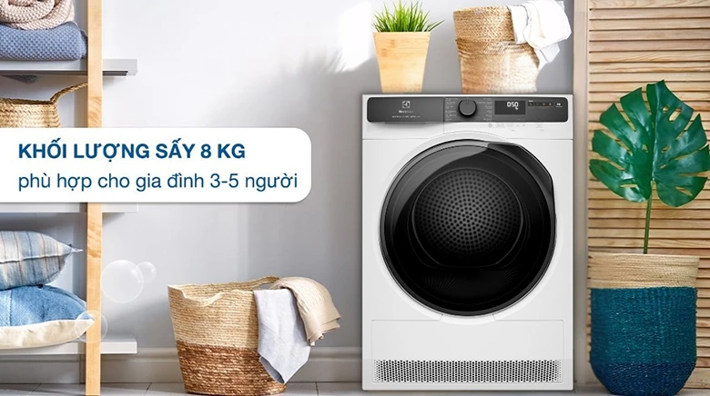 Máy sấy bơm nhiệt ELECTROLUX 8 kg EDH803J5WC - Khối lượng sấy 8kg phù hợp với gia đình từ 3-5 người