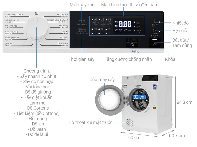 Thông số máy sấy Electrolux 8 kg EDV804H3W