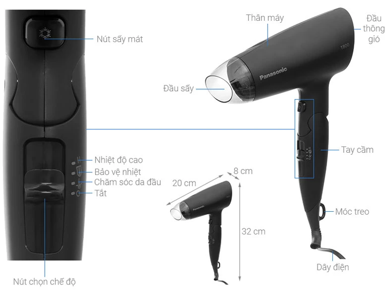 Máy sấy tóc Panasonic EH-ND37-K645 1800W - Cấu tạo và kích thước thực tế