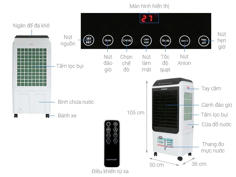 Quạt điều hòa Sunhouse SHD7727 với chi tiết kích thước