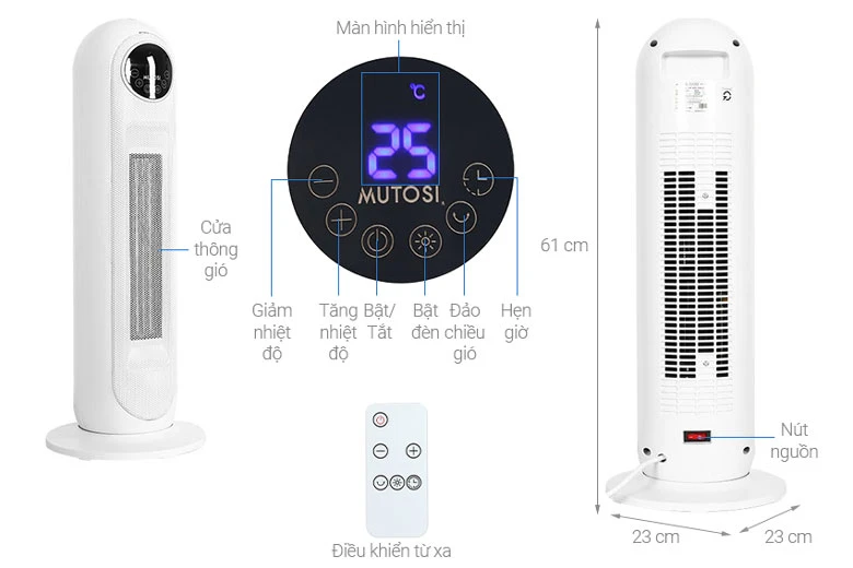 Quạt sưởi gốm Ceramic Mutosi MCH-2200 mang đến những kích thước cơ bản
